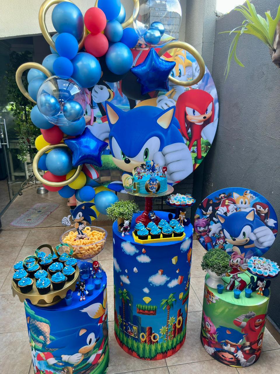 Festa infantil tema Sonic com painéis redondos, arco de balões azul e cilindros ilustrados